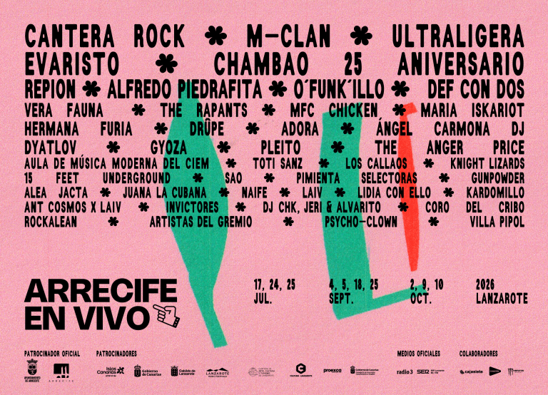 Promotional poster for the Arrecife en Vivo music festival featuring various artists and event details including dates and location, Lanzarote 2026.